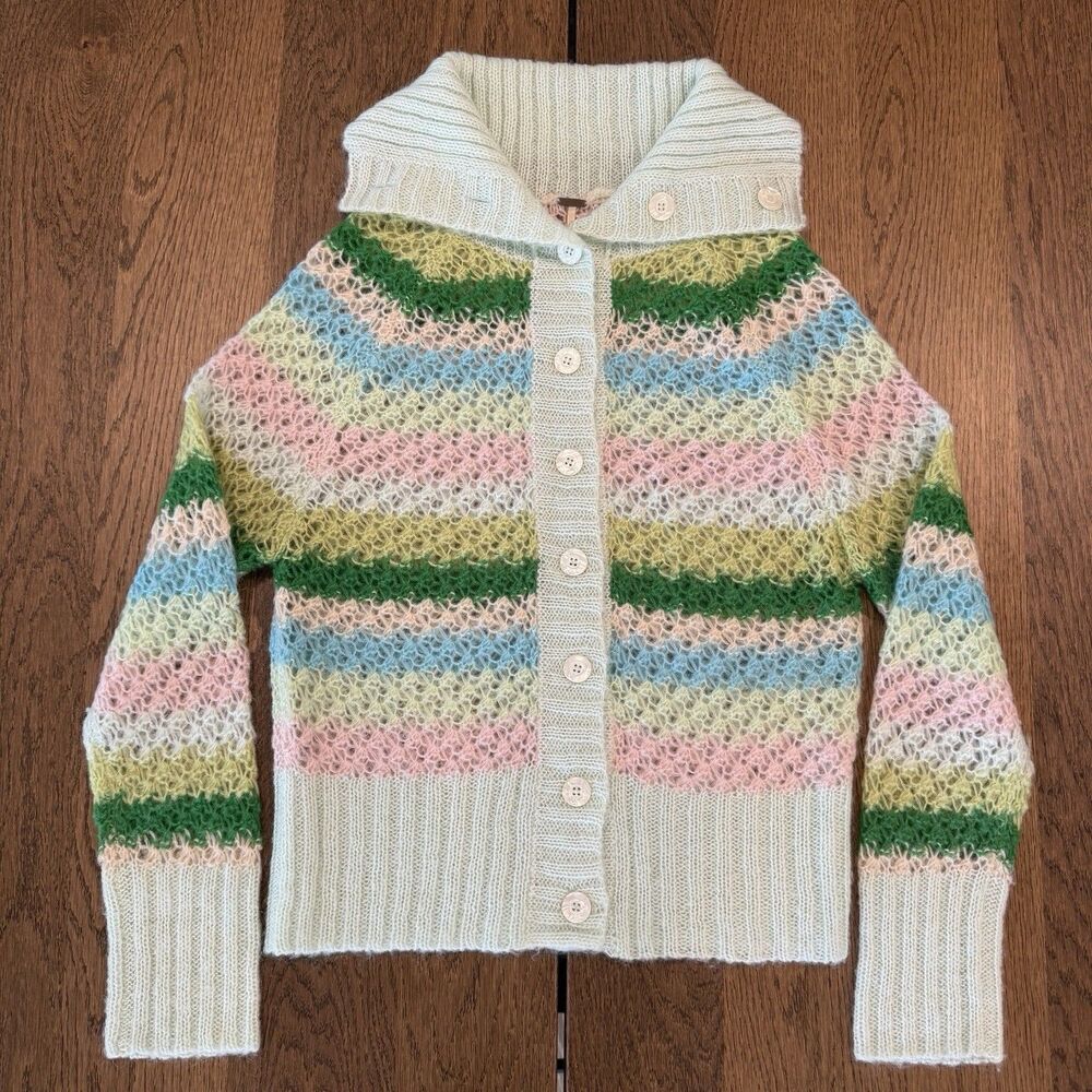 Free People Open Knit Crochet Cardigan Womens Sz L Pastel Rainbow Shawl Collar